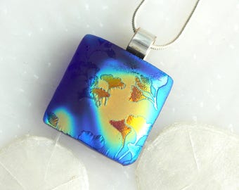 Ginkgo Leaves Satin Dichroic Glow Fused Glass Pendant 01257, GetGlassy