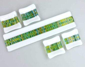 Fused Glass Platter Set in Greens and White