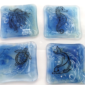 Under the Sea Fused Glass Coaster Set, Home Decor Housewares Set of 4  Fused Glass Art  Hostess Gift  Home Decor, GetGlassy