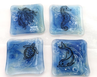Under the Sea Fused Glass Coaster Set, Home Decor Housewares Set of 4  Fused Glass Art  Hostess Gift  Home Decor, GetGlassy