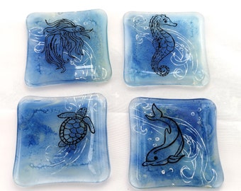Fused Glass Coaster Set: Under the Sea Art, Hand-Painted (Set of 4)