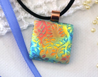 Ginkgo Leaves Satin Dichroic Glow Fused Glass Pendant 01257, GetGlassy