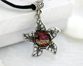 Metal Flower and Dichroic Glass Necklace, Jewelry, Pendant 01109