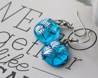 Aqua and Silver Dichroic Fused Glass Earring Drop Dangle Earrings, Dichroic, 0160, GetGlassy