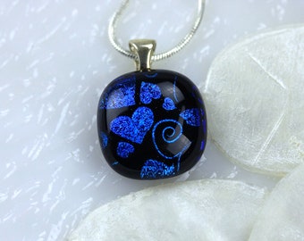 Necklace Pendant in Blue Heart Dichroic Fused Glass 001208, GetGlassy