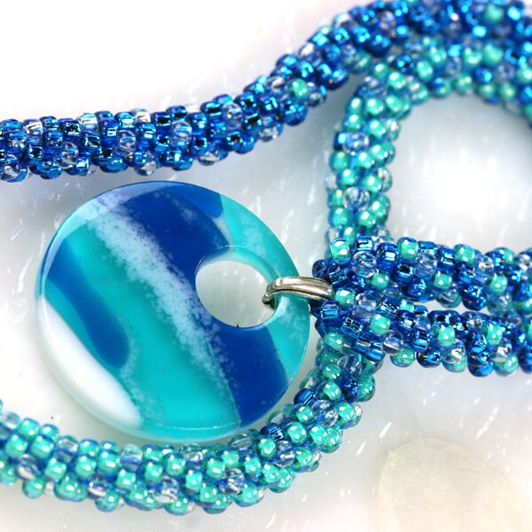 Oceaan Blues hanger ketting Kumihimo sieraden gesmolten glas hanger dichroïde ketting 001174