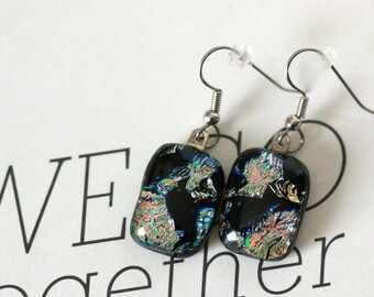 Patches of Dichroic Fused Glass Drop, Dangle Earring 0166