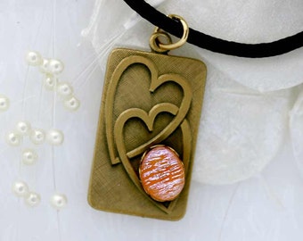 Double Heart Pendant with Orange Dichroic Fused Glass 00898