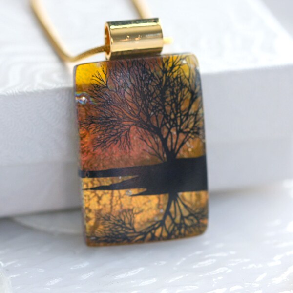 Gouden zonsondergang Refection boom dichroïde gesmolten glas hanger ketting sieraden gouden ketting 001186