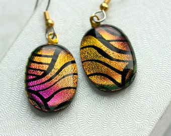 Earrings Pink and Copper Drop Dangle Dichroic Fused Glass Earrings Jewelry E-0124