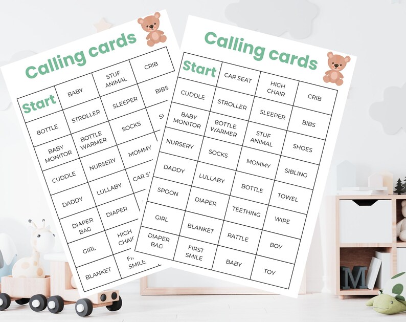 Baby Bingo Printable Bear Green Boy Baby Shower Activity Teddy
