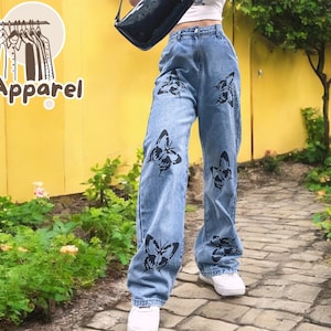Women&#39;s Graphic Print Denim | High-Waisted Wide Pants | Casual Loose Fit Wear