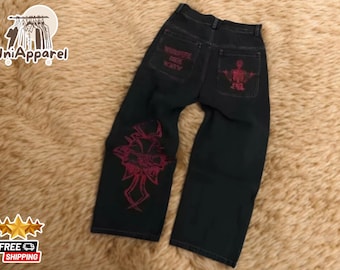 Skull Embroidered Baggy Jeans | Vintage-Inspired Wide-Leg Denim Pants | Men's Retro Low-Rise Streetwear | Trendy Graphic Fashion Outfit