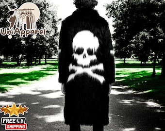 Skull & Crossbones Gothic Jacket | Grunge Aesthetic Coat for Men | Stylish Long Knee-Length Outerwear | Warm Autumn Festival Outfit