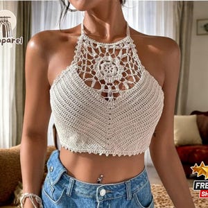 Handmade Crochet Crop Top | Women&#39;s Boho Halter-Neck Tank | Retro Knitted Backless Beachwear | Summer Lace Hollow Outfit