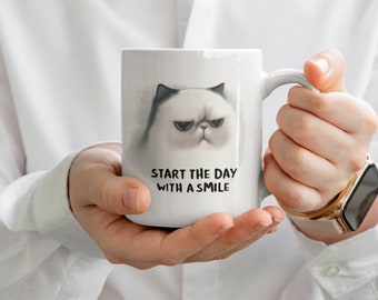 Start The Day With A Smile - Grumpy Cat Mug, Funny Office Mug, Sarcastic, Perfect Gift For Colleagues Or Friends