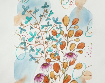 Aquarelle Originale floral tons bleus et terra cota