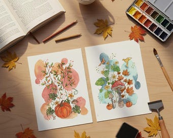 Printable Autumn Poster | Pumpkin & Mushroom Watercolor Illustration | Digital Botanical Wall Art | Cozy Seasonal Decor