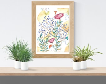 Aquarelle Originale fleurs et origami