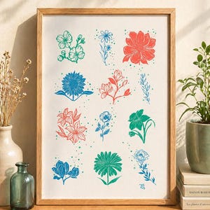 Peut inclure: Une affiche encadrée avec des illustrations florales colorées en vert, bleu et corail. L'art botanique présente différents types de fleurs sur un fond crème. Le cadre en bois ajoute une touche naturelle à l'œuvre.