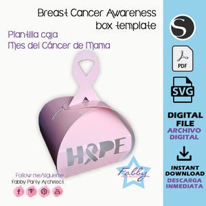 May include: A pink box template for Breast Cancer Awareness. The box features a ribbon handle and the word "HOPE" cut out on the front. Text includes "Breast Cancer Awareness box template", "Digital File", and "Instant Download".