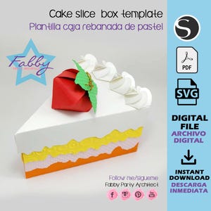 Könnte beinhalten: Eine Kuchenstück-Box-Vorlage in Weiß, Orange und Gelb mit einer roten Geschenkbox oben. Die Box hat einen dekorativen Rand und der Text "Cake slice box template" ist sichtbar.