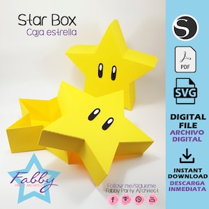 Puede incluir: Un archivo digital imprimible para una caja amarilla en forma de estrella con una cara. La caja está etiquetada como "Star Box" y "Caja estrella". El archivo está disponible en formatos PDF y SVG.