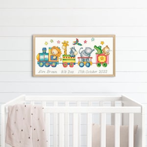 May include: A colourful cross-stitch design of a train with animal passengers. The train is decorated with stars and has a lion, giraffe, zebra, elephant, alligator, and cat on board. The text below the train reads "Alex Brown 8lb 2oz 17th October 2022".