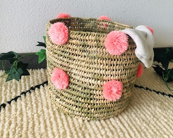 Cesta pompón en doum rosa - cesta de almacenamiento - cesta - cesta de lavandería