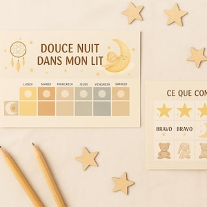 Peut inclure: Deux cartes illustrées avec du texte en français, « DOUCE NUIT DANS MON LIT » et « CE QUE CONTIENT CE PACK ». La première carte présente une illustration de lune et de bébé, avec un tableau hebdomadaire. La seconde carte présente des étoiles, des lunes et des illustrations d'animaux.