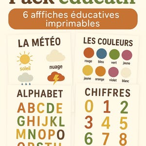 Peut inclure: Ensemble de posters éducatifs en français intitulé "Mon Premier Pack éducatif". Les affiches présentent la météo, les couleurs, l'alphabet et les chiffres. La palette de couleurs comprend orange, vert, jaune et marron.