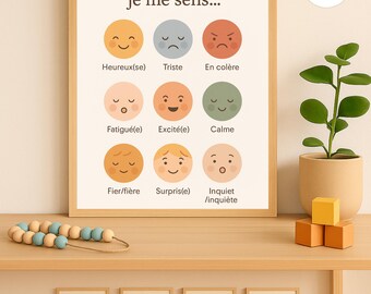May include: A framed print with the text "Aujourd'hui, je me sens..." and illustrations of different emotions. The print is part of a Montessori pack, with A4 and 30x40 cm sizes available. Additional items include wooden blocks and a plant.