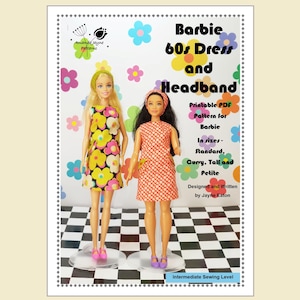 1960s minidress and headband sewing pattern for Barbie in sizes, Curvy, Tall, Petite and standard. Barbie PDF Sewing Pattern.