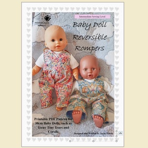 Puede incluir: Patrón de costura PDF imprimible para hacer mamelucos reversibles para muñecas de 30 cm, como las muñecas Teeny Tiny Tears y Corolle. El patrón está diseñado y escrito por Jayne Eaton. La imagen muestra dos muñecas con los mamelucos, una con un estampado floral y la otra con un estampado floral azul y verde.
