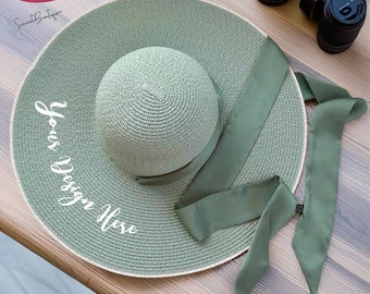 Chapeau de soleil personnalisé à large bord imprimé pour femme, chapeau de soleil surdimensionné à bord repliable, chapeau souple, grand chapeau de paille, chapeau de plage, vert, blanc