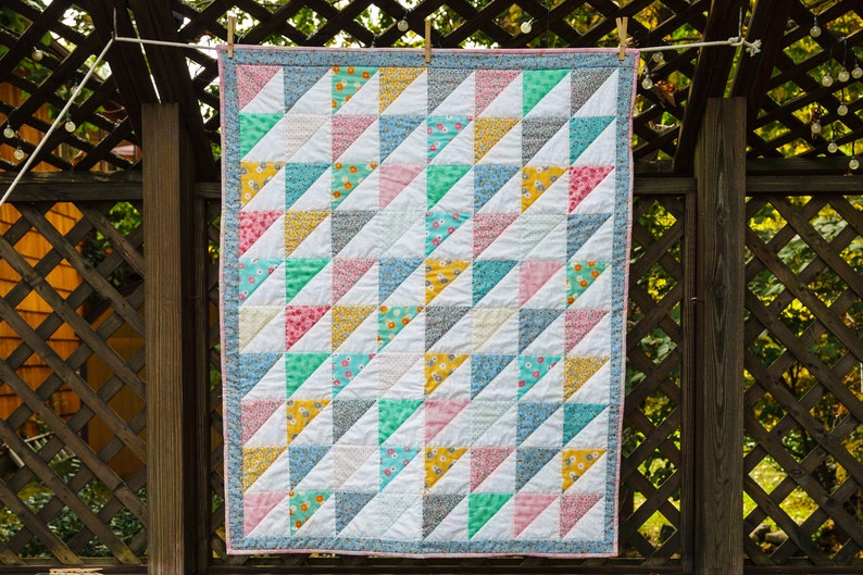Soft Pastel Colored Floral Print Triangle Quilt by MadeMarion image 1
