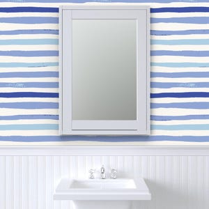 Striscia orizzontale dipinta a mano in blu + bianco - Carta da parati rimovibile - Staccare + attaccare o preincollare