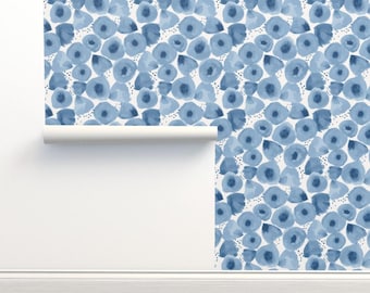 Watercolour Flowers in Preppy Blue + White - Removable Wallpaper - Peel + Stick or Pre Pasted