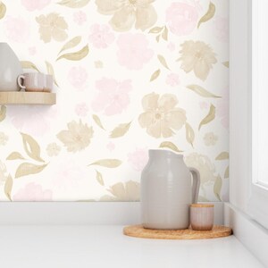 Vintage Aquarell Pfingstrosen in Rosa, Gelbgrün, Weiß - Cottagecore Style - Entfernbare Tapete - Peel + Stick oder Vorgeklebt