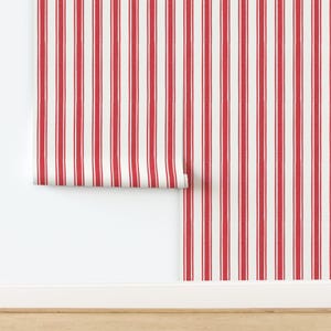 Strisce di tela dipinte in piccola scala, rosso ciliegia e bianco - Stile mediterraneo francese - Carta da parati rimovibile - Stacca e attacca o preincolla