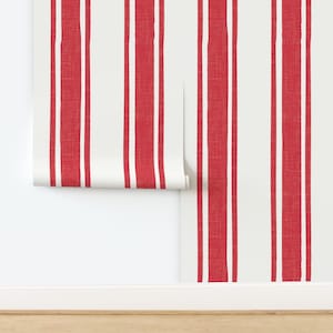 Relaxed Painted Ticking Stripe Linen Texture Cherry Red White Mediterranean Coastal - Removable Wallpaper - Peel + Stick or Pre Pasted
