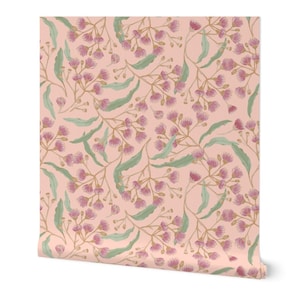 May include: A seamless pattern featuring pink flowers and green leaves on a light pink background. The floral design is perfect for wallpaper, fabric, or wrapping paper.