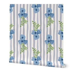 Semplice Preppy Grandmillenial Floral Stripe in Blu e Bianco - Carta da parati rimovibile - Stacca + attacca o preincolla