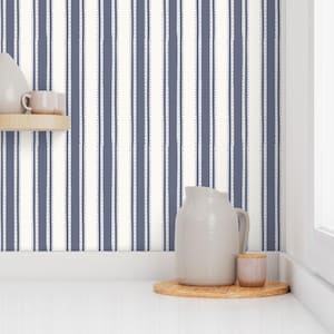Relaxed painted stripe with vintage style detail navy, white and cottage blue SMALL scale - Removable Wallpaper Peel + Stick or Pre Pasted