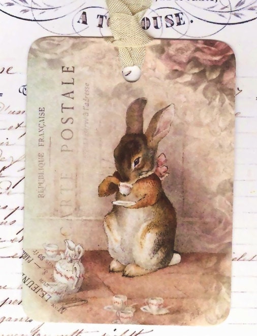 Tags Rabbit Gift Tags Tea Drinking Rabbit Tea Cup Rabbit Etsy
