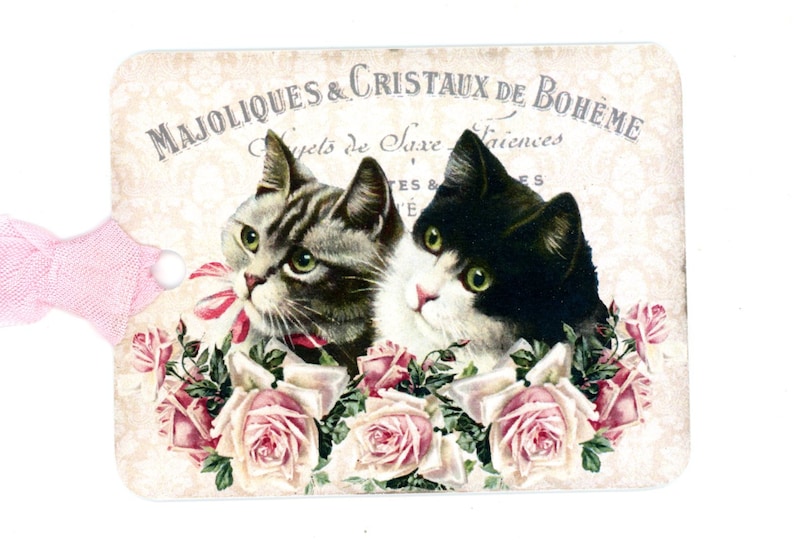Cats Gift Tags Kittens And Roses Black And White Cat Grey Etsy