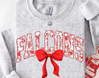 Vintage Falcons Mascot Floral Toile Coquette Bow Sweatshirt, Falcons Game Day Crewneck, Girly Football Fan Gift, Retro Falcons Sweatshirt