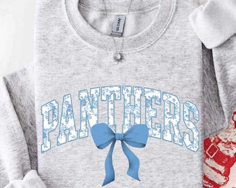 Vintage Panthers Mascot Floral Toile Coquette Bow Sweatshirt, Panthers Game Day Crewneck, Girly Football Fan Gift, Retro Panthers Sweatshirt