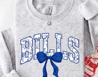 Vintage Bills Maskottchen-Sweatshirt mit floralem Toile-de-Jouy-Muster und koketter Schleife, Bills Game Day Rundhalsausschnitt, Geschenk für weibliche Football-Fans, Retro Bills Sweatshirt
