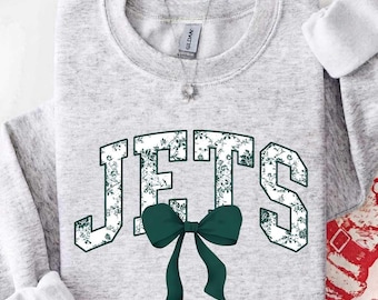 Vintage Jets Mascot Floral Toile Coquette Bow Sweatshirt, Jets Game Day Crewneck, Girly Football Fan Gift, Retro Jets Sweatshirt
